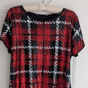 Michael Kors Red Black White Plaid Sequin T-shirt
